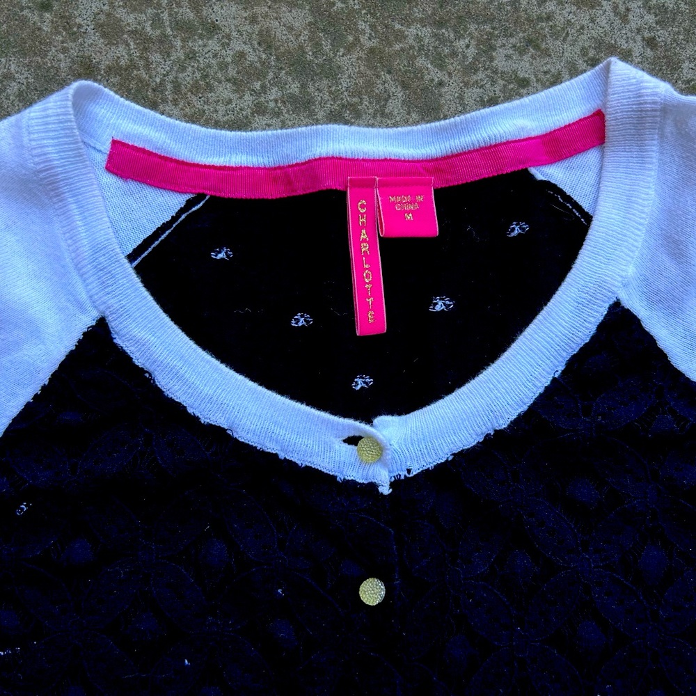 Lace front cardigan sweater. Polka dots on the back. Sz  M